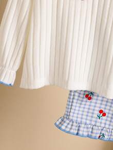 2pcs/Set Autumn Baby Girl Fresh Cherry Embroidered Textured Long Sleeve T-Shirt And Elastic Waist Blue And White Plaid Fruit Series Print Ruffle Hem Wide Leg Pants Outfit, Soft And Cozy For Spring - Blue - View 6