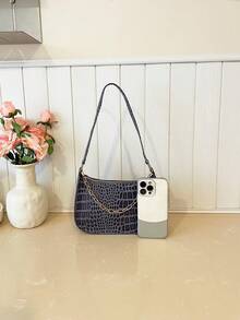Fashionable Crocodile Embossed Chain Shoulder Underarm Bag - Blue - View 4