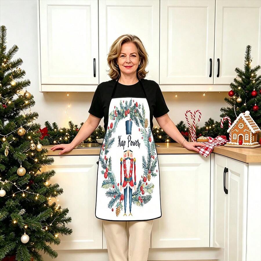 1pc Christmas Santa Claus, Christmas Bell, Christmas Snowflake, Christmas Reindeer, Christmas Tree, Christmas Snowman, Christmas Penguin, Christmas Cartoon Animal Pattern Chef Apron, Apron, Suitable For Home Decor And Kitchen Use. Made Of 100% Polyester Material, Designed As Sleeveless Style, Perfect For Home Kitchen, Outdoor BBQ Cooking. This Printed Apron Is Unisex, Machine Washable And Reusable, A Kitchen Essential - Multicolor - View 1