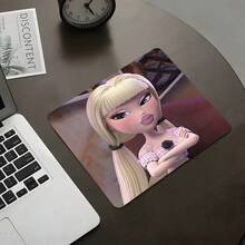 Stylish Doll Square Mouse Pad, Blonde Girl Illustration Pattern Design, Eye-Catching Desktop Decoration Protective Pad, Rubber Non-Slip Stitched Edge Office Mat, Small Size Suitable For Laptop, Desktop Computer Gaming, Office, Daily Use - View 2