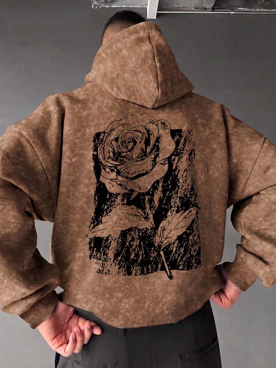 Men's Rose Print Back Washed Distressed Hoodie - Brown - View 1