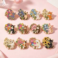Cute Kitten Holding Flower Bouquet Lapel Enamel Pins And Brooches Badge Pins For Backpacks Bags Backpack Cool Decoration Friend For Gifts - Multicolor - View 7