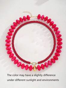 2/1pc Minimalist Bohemian Style Chunky Acrylic Red Beaded Necklace Set, Round Collarbone Necklace For Women, Suitable For Daily Wear, Date, Party, Summer Beach Vacation, Perfect Birthday Gift For Best Friend (Bead Quantity Random + Slight Color Difference) - Red + Magenta - View 2
