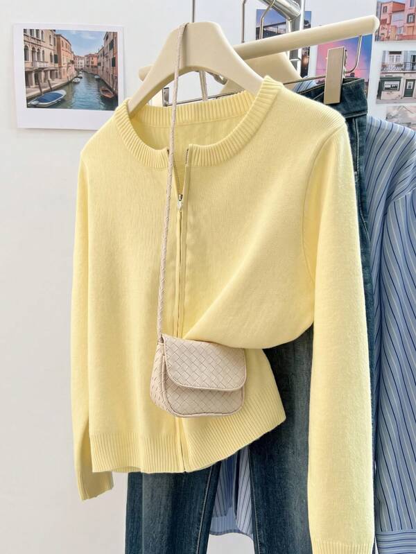 Women's Cream Yellow Ribbed Knit Cardigan Jacket, Zipper Design, Long Sleeve Round Neck Regular Fit, Suitable For Autumn/Winter Daily Wear
