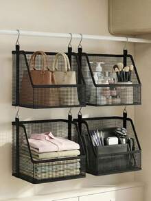 Hanging Storage Basket, Stackable Hanging Storage Baskets, Black Woven Mesh Organizer, Multi-Functional S-Hook, Suitable For Dorm, Bedroom, Closet | Space-Saving Hanging Clothes & Bedding Organizer | With Stable Hanging Device | All-Season Closet Essential | Back To School Season - Multicolor - View 8