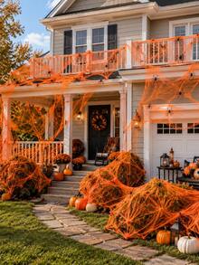 Halloween Orange Spider Web Decoration: Stretchable Artificial Spider Web And Black Spider, Suitable For Indoor And Outdoor Use, Including Entryway, Porch, Patio, Garden, Lawn And Halloween Party - Multicolor 1 - View 5