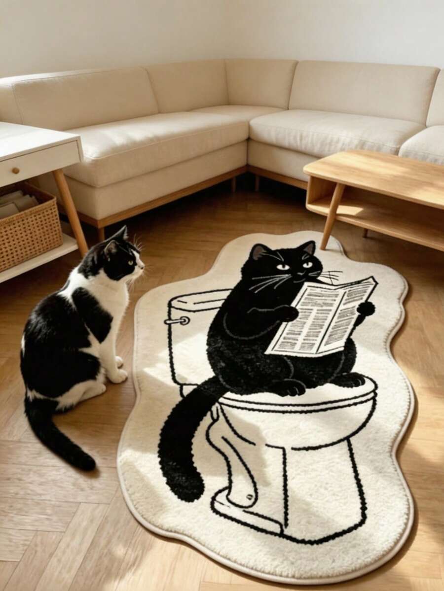 1pc Cat Sitting On Toilet Reading Book Bath Mat, Bathroom Rug, Door Mat, Small Rug, Carpet, Floor Mat, Home Decor, Area Rug, Outdoor Mat, Bedroom Carpet, Washable Rug - Multicolor 3 - View 1