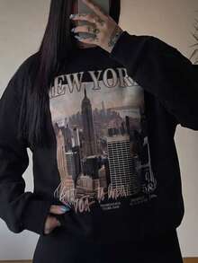 Women's New York City Graphic Sweatshirt, Black Crew Neck Long Sleeve Pullover, Autumn/Winter Casual Urban Street Style Top - Black - View 5