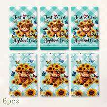 2pcs Blue Green White Plaid Highland Cow Sunflower Kitchen Towels, Cute Country Farmhouse Style Soft Microfiber Rectangular Printed Absorbent Quick Dry Hand Towels, Suitable For Kitchen Decor, Holiday Gifts 4/6/8pcs Set - Multicolor - View 8