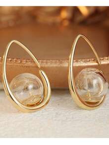 Gmzalx Fresh Literary Style Women's Water Drop Ear Hooks, Dandelion Dried Flower Glass Ball, Multi-Functional Daily Commute Picnic Date Minimalist Earrings - Gold - View 8
