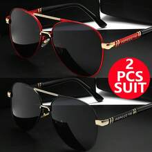 Modern Metal Frame Sunglasses, 2-Piece Set: Red & Black And All Black. Durable Metal Texture, Neutral Everyday Versatility. Casual Fashion Gift. - Grey - View 6