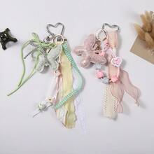 Rhinestone Butterfly Macaron Acrylic Beaded Keychain With Lace Cord, Fresh Style Bag Charm For Girls - Multicolor - View 3