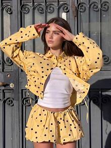 Women's Polka Dot 2 Pieces Set, Lapel Long Sleeve Drawstring Ruched Cropped Top And Puff Shorts With Elastic Waist, Casual Vacation Outfit - Yellow - View 3