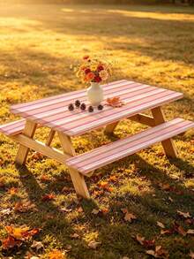 3 Pieces Picnic Tablecloth Set With Bench Cover, Elastic Edge Design, Striped Pattern, Washable Rectangular Tablecloth, Suitable For Wedding, Camping, Picnic, Garden Party And More, Practical Essential - B - View 10
