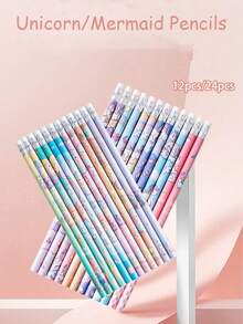 12支/24支可愛卡通獨角獸/美人魚HB鉛筆附橡皮擦，學生用學習文具，獎勵小禮物，開學季適用 - 多色 - 查看 1
