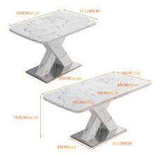 120CM-160CM Modern Rectangle Dining Table, Stretchable, With Printed White Marble Table Top+MDF X-Shape Table Leg With Metal Base - 白色 - 查看 6