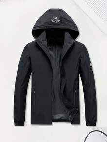 Men's Hooded Jacket, Spring/Autumn Style, Black Casual Outerwear, 2-Piece Set, Multiple Colors Available, Fashion Casual Top, Simple Versatile - Black - View 3
