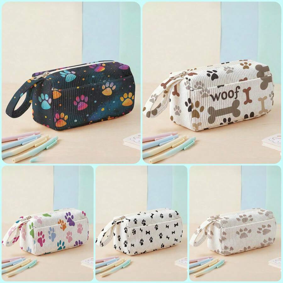 1pc Animal Paw Prints Corduroy Foldable Pencil Case With Side Pocket & Handle, Multi-Use Bag For Start Of School & Travel Essentials,School Supplies - Multicolor - View 1