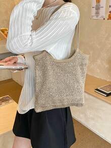 Shiny Sequin Embellished Transparent Mesh Overlay Large Capacity Open-Top Lightweight Soft Versatile INS French Chic Shoulder Bag For Work, Shopping, Dating - Khaki - View 7