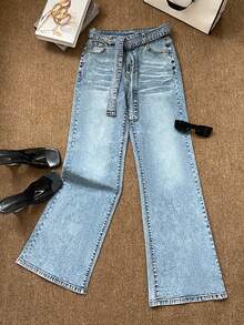 ChicMe Jeans de cintura alta con pedrería para mujer - Jeans de pierna ancha con cinturón de pedrería a juego - Azul Agua - Ver 6