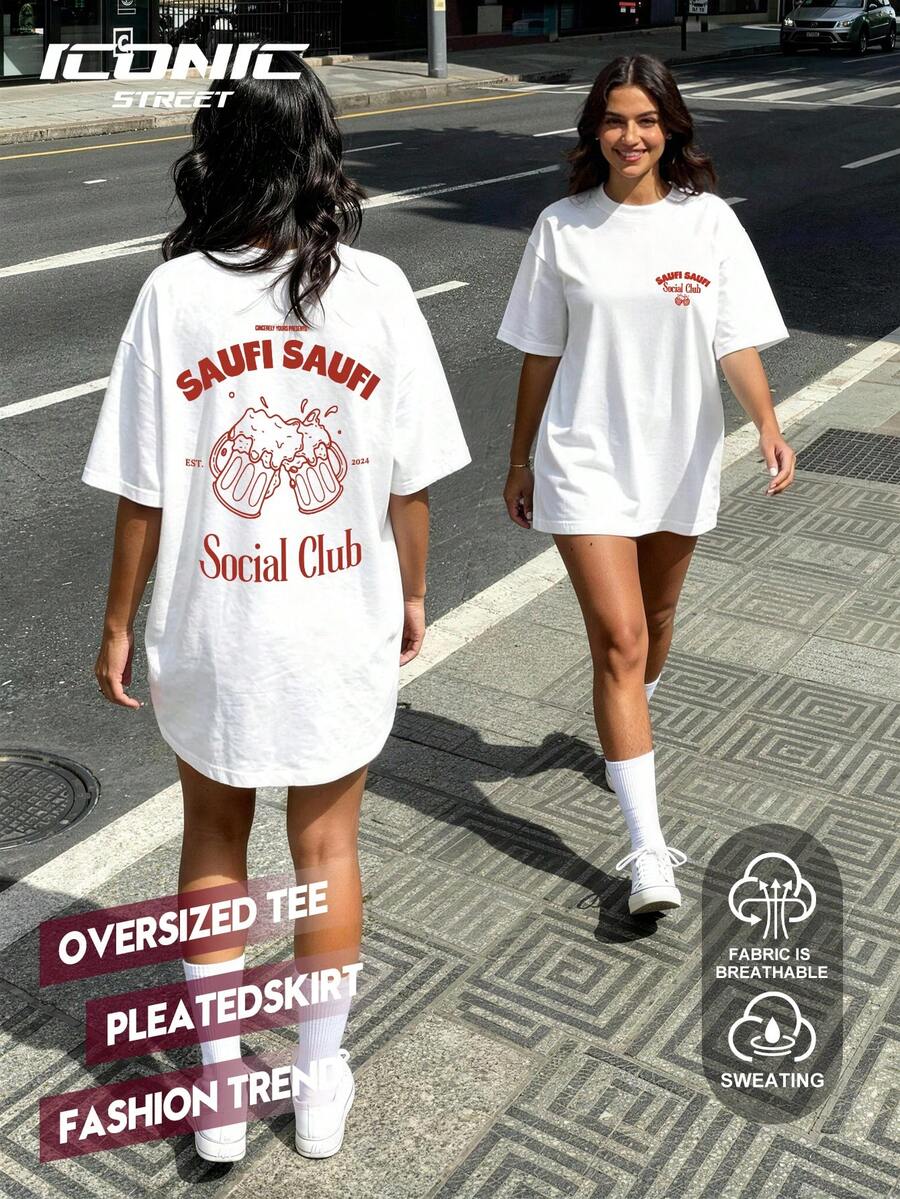 大尺碼女款 Saufi Saufi Social Club 啤酒派對圖案長版 T-shirt，春夏休閒上衣 白色 - 白色 - 查看 1