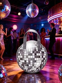 Disco Ball Design Tote Storage Bag, Retro 70s Theme Party Handbag, Silver Mirror Ball Pattern Round Handle Portable Bag, Reusable Portable Storage Bag, Suitable For Nightclub, Birthday, Bachelorette Party Decoration - Multicolor - View 2
