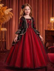 Tween Girls Burgundy And Black Lace Tulle Ball Gown Square Neck Bell Sleeve Formal Evening Dress For Banquet Birthday Gala Pageant Holiday Celebration - Red - View 3