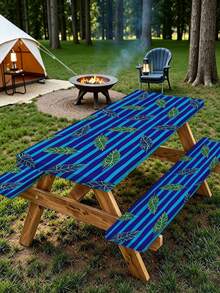 3 PiecesPicnic Tablecloth Set With Bench Cover, Elastic Edge Design, Line And Floral Pattern, Matching Pattern, Washable Rectangular Tablecloth, Suitable For Weddings, Camping, Picnics, Garden Parties And Other Occasions, Practical Essential - D - View 2