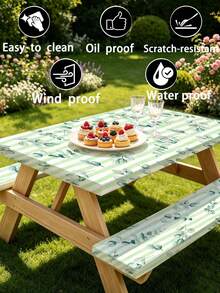 3 PiecesPicnic Tablecloth Set With Bench Cover, Elastic Edge Design, Floral Line Pattern, Washable Rectangular Tablecloth, Suitable For Wedding, Camping, Picnic, Garden Party And More, Practical Essential - F - View 9