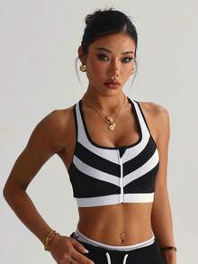 Women's Solid Black & White Patchwork Zipper Collar Sleeveless Sports Knit Bra - Black and White - View 4