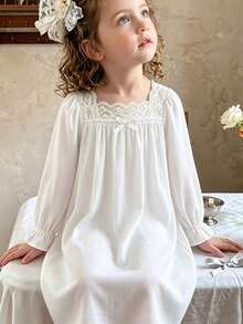 Spring/Autumn Girls' White Long Sleeve Lace Vintage Style Nightgown, Skin-Friendly Breathable Princess Style Home Casual Dress - White - View 2