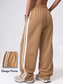 KyrLssu Women's Drawstring Elastic Waist Wide Leg Sweatpants, Side Double Stripes, Loose Casual Pants, Suitable For Daily Streetwear And Light Sports - Khaki - View 1