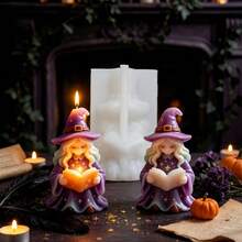 Chibi Magic Witch Reading Style Silicone Mold, Cute Magic Witch Shaped Aromatherapy Candle Mold, Suitable For Handmade Soap/Candle/Clay/Resin Plaster Crafts DIY, Gothic Magic Theme Home Decor Craft Supplies, Halloween Party Gift - A - View 3