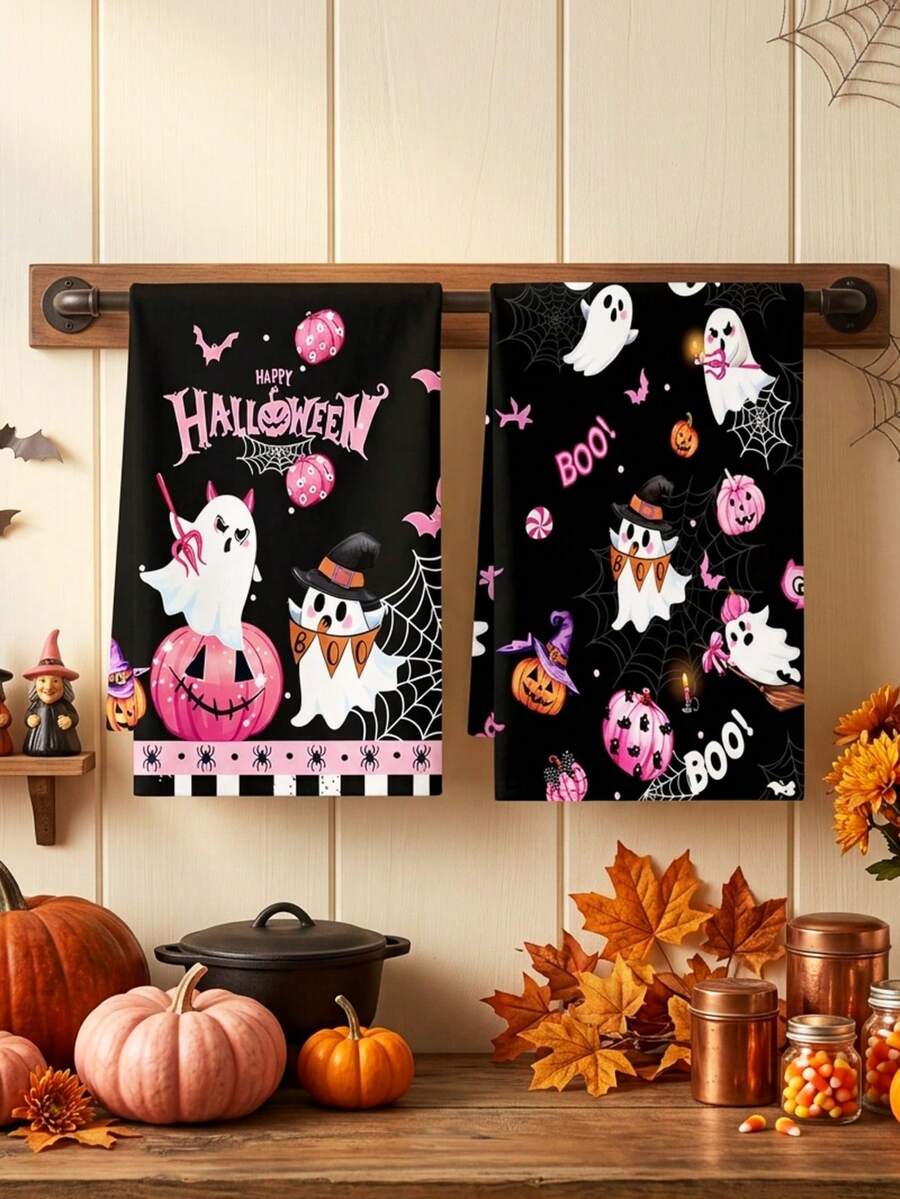 2/4/48pcs Halloween Theme Kitchen Dish Towels, Funny Ghost Pumpkin Pattern, Dish Cleaning Hand Towels, Holiday Decor Cloth, Housework Cleaning Multi-Use Towels, Fun Holiday Style Cleaning Cloth, Multi-Purpose, High Absorbency Kitchen Towels