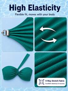 HOTTIE HABIT Women's Emerald‑Green Ruched‑Twist One‑Shoulder Bikini Top, Side‑Drawstring Ruched Mini Skirt 2‑Piece Swim Set For Christmas Halloween Beach Vacation - Green - View 10