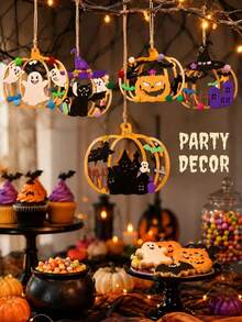 12/25/38 Halloween DIY Wooden Hanging Decor Set - Unfinished Decorations With Randomly Matched Colored Pens, Pom Poms, Gem Stickers And Jute Rope - Creative Painting Activity, Suitable For Halloween Parties, Pajama Parties, School Art Projects And Artistic Hanging Decor - Pumpkin - View 10