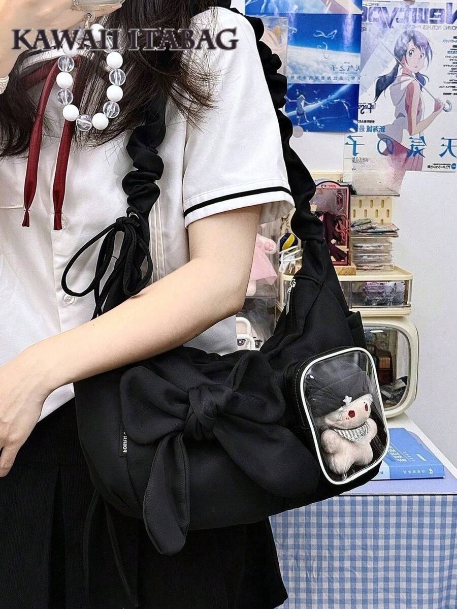 Kawaii Ita Bag For 10cm Dolls Cute Bowknot Dumpling Shape Shoulder Bag Adjustable Drawstring Strap Ita Bag Simple Hobos Ita Bag Women Crossbody Bag Gift - Black - View 1