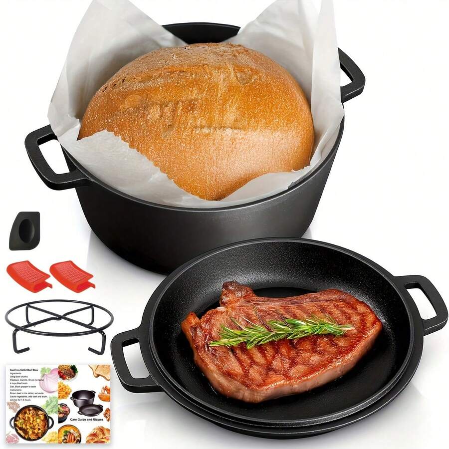 Senmeo 26cm (10.2") 2-In-1 Cast Iron Dutch Oven - Dual-Handle Deep Pot With Skillet Lid & Accessories - Black - View 1