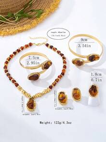 6pcs Women's Jewelry Set, Exaggerated Vintage Elegant Asymmetric Pearl Pendant Necklace, Stud Earrings, Bracelet, Arm Cuff, Ring Set, Suitable For Beach Vacation, Party, Banquet, Daily Wear - Amber - View 5