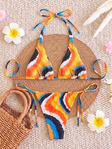 Spring/Summer New Colorful Printed Bikini Set, Halter Tie Design, Beach Vacation, Date, Party - Multicolor - View 3