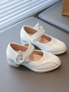 Girls' Rhinestone Bow High-Heeled Princess Leather Shoes - Beige - View 2