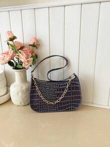 Fashionable Crocodile Embossed Chain Shoulder Underarm Bag - Blue - View 2