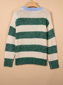 Acelitt Women's Green And White Striped Pullover Sweater, Ribbed Trim Knit Long Sleeve Regular Fit Top, Suitable For Autumn/Winter Wear Fall - Multicolor - View 5