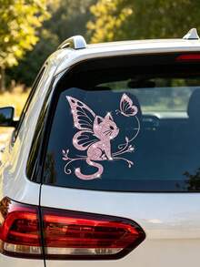 Pink Cute Cat & Butterfly Pattern Car Decorative Stickers, Shiny Sandblasted Finish, For Car Windows And Body - A - View 4