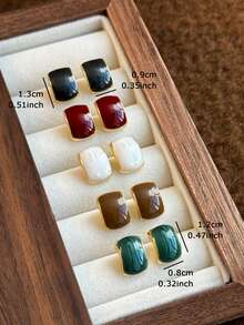 Set de 6 pares de pendientes de botón cuadrados geométricos de moda minimalista y coloridos, adecuados para el uso diario de las mujeres - Multicolor - Ver 12