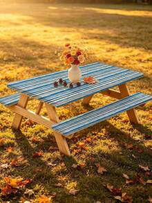 3 Pieces Picnic Tablecloth Set With Bench Cover, Elastic Edge Design, Striped Pattern, Washable Rectangular Tablecloth, Suitable For Weddings, Camping, Picnics, Garden Parties And More, Practical Essential - A - View 10