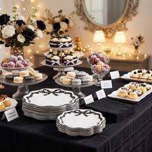 10/20/40pcs Black Bow Wavy Edge Disposable Paper Plates, Coquette Style Wavy Dinner Plates, White Background With Black Ribbon Bow Print, 7-Inch And 9-Inch Party Plates, Suitable For Birthday Parties, Bridal Showers, Baby Showers, Tea Parties, Picnics And Girls Gatherings - Black - View 4