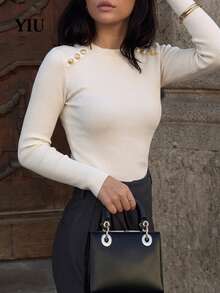 YIU Elegant Women's Autumn Ribbed Knit Top, Long Sleeve Round Neck High Elasticity Top With Gold Shoulder Decoration - White - View 4