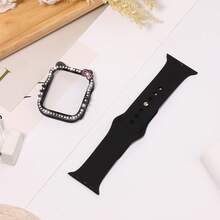 2pcs/Set Sports Silicone Watch Band, Compatible With Apple Watch 40/41/42/44/45/46/49mm, Unisex, Soft Waterproof Wristband, Replaceable Sports Watch Band, Compatible With Apple Watch Ultra 11 10 9 8 7 6 5 4 SE Series, Cartoon Pattern, Compatible With Apple Watch Case, Shiny Diamond PC With High-Definition Tempered Glass Screen Protector - Black/Black - View 2