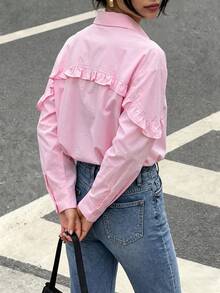 Solid Color Front Button Ruffle/Flounce Trim Blouse, Long Sleeve Shirt For Women, Spring Summer Autumn - Baby Pink - View 7